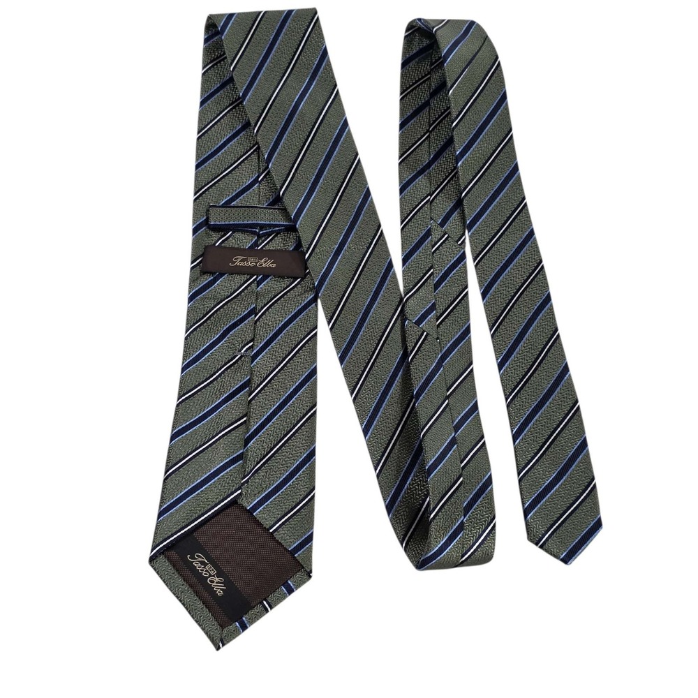 Tasso Elba SPA Striped Silk Tie Green Blue White Diagonal Pattern Handmade Men's